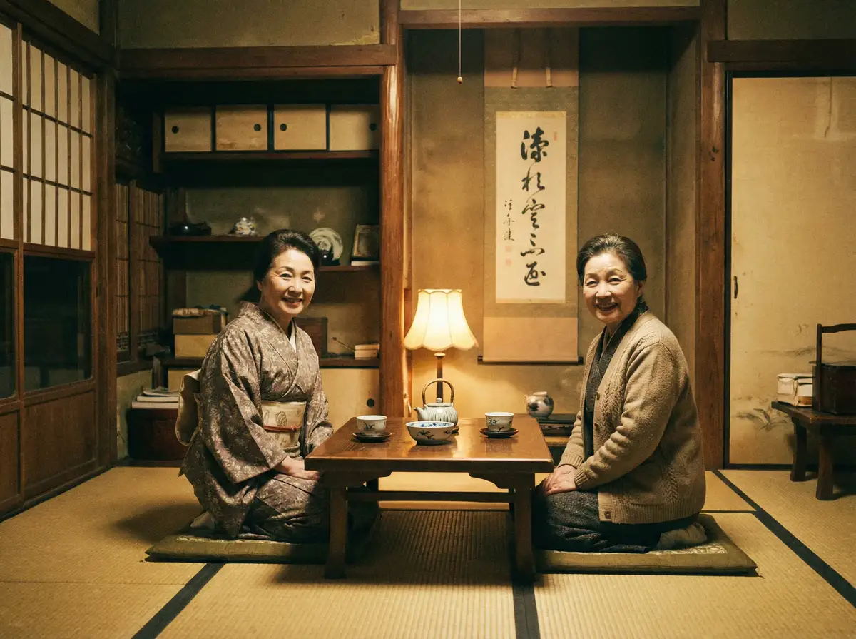 两位优雅的 蜜芽::蜜芽免费观看-蜜芽交流社区 在日式茶室中品茶交谈